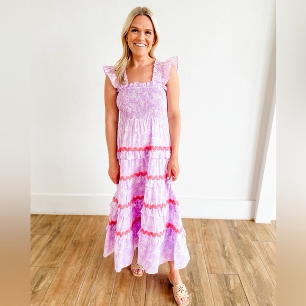J. Marie Lilac Tiered Ruffle Maxi Dress Pink Trim Easter Spring Sunday Dress